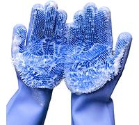 Guanti riutilizzabili in silicone per lavastoviglie, guanti in gomma per piatti, spazzola per lavaggio con spugna per lavori domestici, cucina, auto, pulizia finestre. 1 paio (34,5 cm) (blu)
