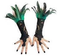 Guanti senza dita in pizzo gotico con piume, polsini da polso a maniche lunghe, accessorio per costume di Halloween da donna, per travestimenti vittoriani, streghe, vampiri, cosplay (nero), Verde, M