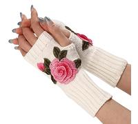 Guanti termici da donna, invernali, caldi, spessi, a righe, da donna, senza dita, alla moda, con fiori, guanti da donna per il freddo (rosa acceso, taglia unica)