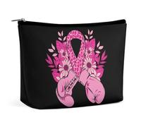 Guantoni da boxe rosa, borsa per il trucco floreale con nastro per la consapevolezza del cancro al seno, borsa da viaggio in PU, impermeabile, con cerniera, per articoli da toeletta da donna, 6,8x5,9