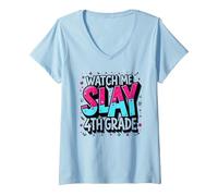 Guardami Uccidere Vibrant School Spirit di Quarta elementare, Quarta elementare Maglietta con Collo a V, Donna, Celeste, M