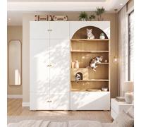 Guardaroba 180x50x200cm In Bianco E Legno Con Armadio E Mobile Per Gatti | Wardrobe Salvaspazio 2 In 1 Con Asta Appendiabiti, Cuccia E Parete Tiragraffi Per Gatti, Per Camera, Soggiorno E Ingresso