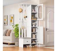 Guardaroba compatta 85*33,5*200 cm, mobili per la casa con 2 armadi, armadio di stoccaggio in vetro temperato, set di guardaroba con ingresso bianco, porta abiti con scarpiera e imbottitura