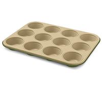 Guardini, Stampo 12 muffins 27x35 cm, Acciaio con rivestimento antiaderente a base di Cera di Carnauba, Colore verde/beige, Made in Italy, Linea B-Nat