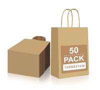 Gucass 50 Pezzi Piccolo Sacchetti Carta con Manici, Marrone Borse Carta Kraft Sacchetti da Regalo, 15x8x21cm, Shopper in Kraft Carta Borsa Regalo, per Feste Compleanno Natale Matrimoni Shopping