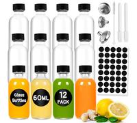 Gucass Set di 12 Bottiglie Vetro 60ml(2oz), Bottigli per Liquori Mini, Riutilizzabile Bottigliette Trasparenti con Tappi a Vite e Imbuto, Mini Contenitori per Succo Zenzero Shot Whisky Campioni