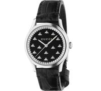 Gucci G-Timeless YA1265055 Women's Watch - Black Onyx Dial with Bee Motif, Black Leather Strap
