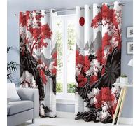GUCSMN Tende Blackout, Tende Rosso Nero Stampata per Camera da Letto, Occhielli Isolati Termicamente per Cameretta con Motivo Cime Montuose Acero Paesaggio Giapponese 140L x 240A cm, 2 Pannelli