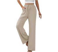 GUCURIN Pantaloni Larghi Donna Eleganti Canapa Confortevole Pantaloni a Gamba Larga a Vita Alta Pantaloni Palazzo Solido Pantaloni Tuta Lungo Elastico con Tasche e Coulisse, Albicocca, L