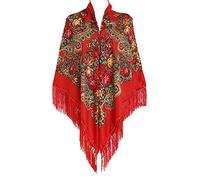 Gudessly, scialle tradizionale, stile retrò, da donna, oversize, 157,5 cm x 157,5 cm, con frange, poncho con motivo floreale stampato, Rosso, 63 * 63inch