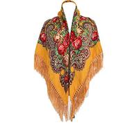 Gudessly Sciarpa Tradizionale da Donna, Scialle con Nappa e Frange per Collo e Testa, Retrò con Stampa Floreale, Poncho, Giallo, Taglia Unica