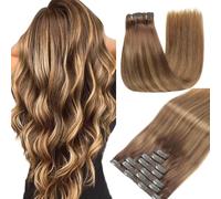 GUDOZO Clip Estensioni Capelli Veri 7pcs 60cm 120g Castano Cioccolato Con Biondo Caramello Extension Clip In 24inch,4/4/27#