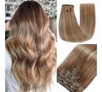 GUDOZO Extension con clip in capelli veri, 7 pezzi, 60 cm, 120 g, castano chiaro con biondo dorato, invisibili, extension a trama di capelli veri (61 cm, 10/10/22#)