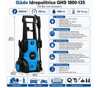 Güde Rondella ad alta pressione GHD 1800 - 135 (230 V, 1800 W, pressione max. 135 bar, portata massima 468 l/h, temperatura massima dell'acqua 50 °C, con tubo HD da 5 m, pistola e lancia, ugello vario