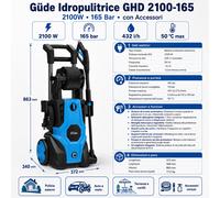 Güde Rondella ad alta pressione GHD 2100-165 (230 V, 2100 W, pressione massima 165 bar, 432 l/h max. trasportatore, tubo HD da 6 m su avvolgitubo, pistola ad alta definizione con variolanza, spazzola,