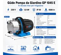 Güde Pompa da giardino GP 1045 E (1000 W, volume: 4500 l/h, altezza massima di mandata: 45 m, altezza massima di aspirazione: 8 m, alloggiamento della pompa in acciaio inox, ruota in noryl,