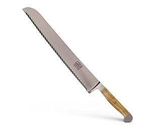 Güde Solingen - Coltello da pane forgiato per la mano sinistra, 32 cm, legno d'ulivo, ALPHA-OLIVE - doppio collarino, fatto a mano in Germania