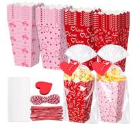Gueevin Set da 48 scatole per popcorn per San Valentino, bomboniere, San Valentino, San Valentino, scatole per popcorn rosso rosa a forma di cuore, secchiello regalo con sacchetti, nastro e biglietto