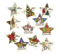 Günthart 12 pezzi di decorazioni a forma di stella "Buon Natale" con diversi motivi per decorare torte, torte e cupcake, in occasione del Natale del miglior Persipano, colori assortiti, Standard