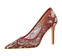 Gueploer Décolleté in Pizzo con Tacco Alto, Scarpe da Matrimonio Chiuse da Donna con Punta, Tacco Sottile, Scarpe da Festa per La Vita Quotidiana, Ballo degli Studenti,Rosso,39 EU