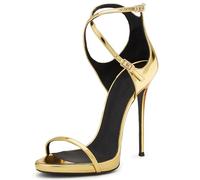 Gueploer Sandali Dorati da Donna, Tacchi Alti A Spillo da 12 Cm Punta Rotonda Cinturini Incrociati Fibbia alla Caviglia Pompe per Abiti da Festa per La Vita Quotidiana,d'oro,37 EU