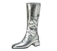 Gueploer Stivali Alti al Ginocchio per Le Donne, Punta Tonda Tacchi A Blocco Posteriore Cerniera Stivali Lunghi per Vita Quotidiana, Partito, Ballo di Fine Anno,Argento,35 EU