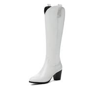 Gueploer Stivali Alti da Donna, Stivali al Ginocchio con Tacco A Blocco da 7 Cm E Zip Laterale per Banchetto, Matrimonio, Festa,Bianca,44 EU