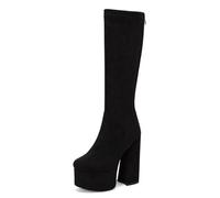 Gueploer Stivali Alti da Donna, Stivali Lunghi in Suede Elasticizzati con Piattaforma E Tacco Largo da 15 Cm per L'autunno Quotidiano,Nero,38 EU