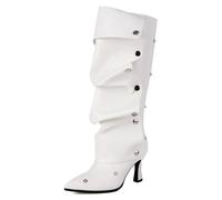 Gueploer Stivali Alti da Donna, Tacchi Sottili A Punta PU sotto Il Ginocchio Stivali Lunghi per Partito, Banchetto, Vita Quotidiana,Bianca,44 EU