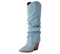 Gueploer Stivali da Donna al Ginocchio, Tacco Spesso A Punta, Stivali in Denim Alti per Festa, Ballo, Vita Quotidiana,LightBlue,34 EU