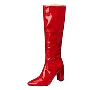 Gueploer Stivali Lunghi per Le Donne, Tacchi Grossi A Punta Stivali al Ginocchio in Pile Sottile per La Vita Quotidiana, Banchetto, Ballo di Fine Anno,Rosso,43 EU