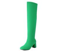 Gueploer Stivali sopra Il Ginocchio per Le Donne, Punta Tonda Tacchi grossi Stivali Elasticizzati alla Coscia Alta per Partito, Banchetto, Quotidiano,Verde,35 EU
