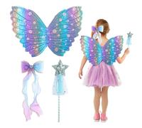 Guerity Set di 3 costumi da fata per bambine dai 2 ai 5 anni, con ali di farfalla rosa, ali da fata, bacchette, bacchette, fiocco, fascia per capelli, per feste, giochi di ruolo e Halloween (blu)