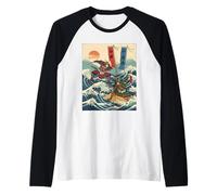 Guerrieri Samurai in Battaglia Ukiyo-e Style Onda Giapponese Maglia con Maniche Raglan
