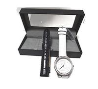 GUESS 2 PC Set Bianco+Cinturino pelle Nero + Argento Tono + Cristalli,Rosa Watch