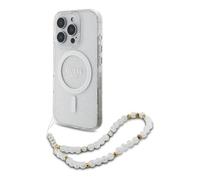 GUESS CG - Custodia per cellulare progettata per iPhone 16 Pro, durevole, antiurto, compatibile con Magsafe, IML Glitter con cinturino perlato, trasparente