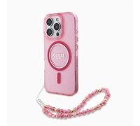 GUESS CG - Custodia per cellulare progettata per iPhone 16 Pro, durevole, antiurto, compatibile con Magsafe, IML Glitter con cinturino perlato, rosa