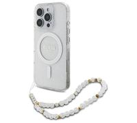 GUESS CG - Custodia per cellulare progettata per iPhone 16 Pro, durevole, antiurto, compatibile con Magsafe, IML Glitter con cinturino perlato, trasparente