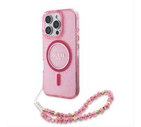 GUESS CG - Custodia per cellulare progettata per iPhone 16 Pro Max, durevole, antiurto, compatibile con Magsafe, IML Glitter con cinturino perlato, rosa