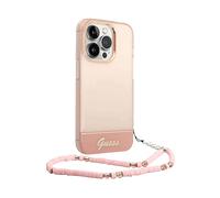 Custodia per iPhone 14 Pro Guess con cinturino traslucido in perla, colore rosa