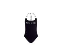 GUESS Costume Intero da Donna con Logo Strass, Nero Jet Black, Halter con Laccetti, Imbottitura Estraibile, 95% Poliestere 5% Elastan, Taglia XS