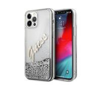 GUESS Cover Custodia per Apple iPhone 12 Pro Max, Scritta beige/Trasparente con glitter argento