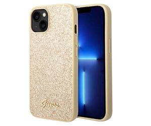 Guess, Cover per iPhone 14 Plus in TPU Morbido con Glitter, Dorato