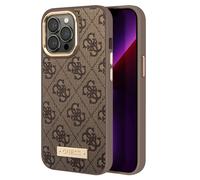 Guess, Cover per iPhone 14 Pro PU 4G Metal Plate, Marrone