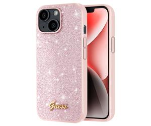 Guess, Cover per iPhone 14 TPU Glitter Script, Rosa