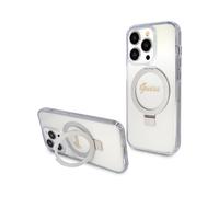 Guess Custodia Anello Stand Script Glitter MagSafe Trasparente - iPhone 15 Pro