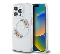 Guess Custodia compatibile con iPhone 16 Pro Max Back-Cover hul - Custodia compatibile con Magsafe IML Flowers - Trasparente