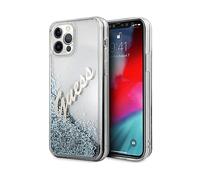 GUESS Custodia Cover per Apple iPhone 12 Pro Max, Scritta bianca/Trasparente con glitter argento