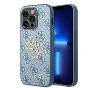 Guess - Custodia in pelle sintetica 4G, con grande logo in metallo, antiurto, antiscivolo, compatibile con iPhone 14 Pro (blu)