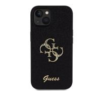 Guess, Custodia per iPhone 15 Glitter con logo in metallo, Nero